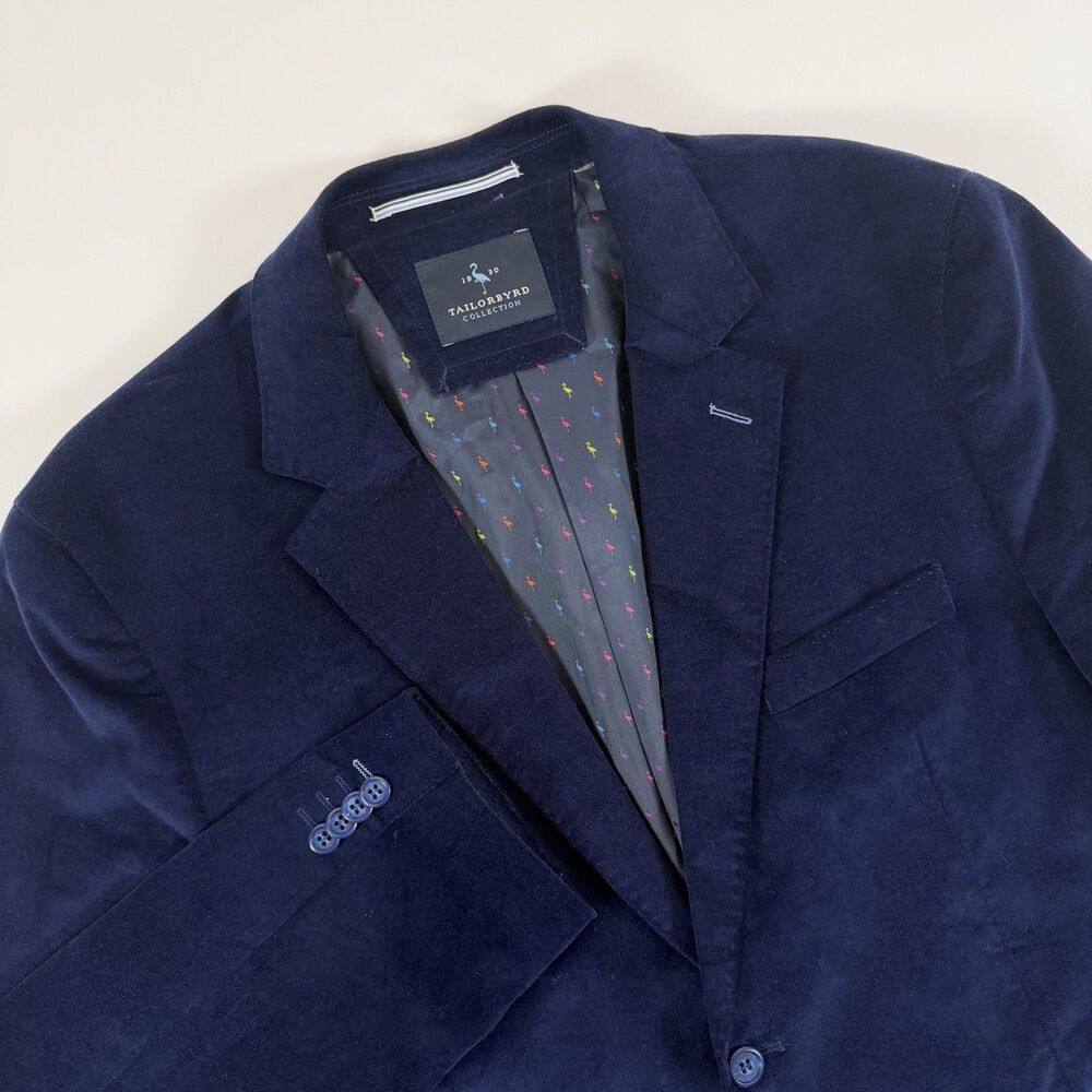 TailorByrd Men’s 46R Navy Velvet-Like Stretch Blazer Sport Coat Flamingo Lining